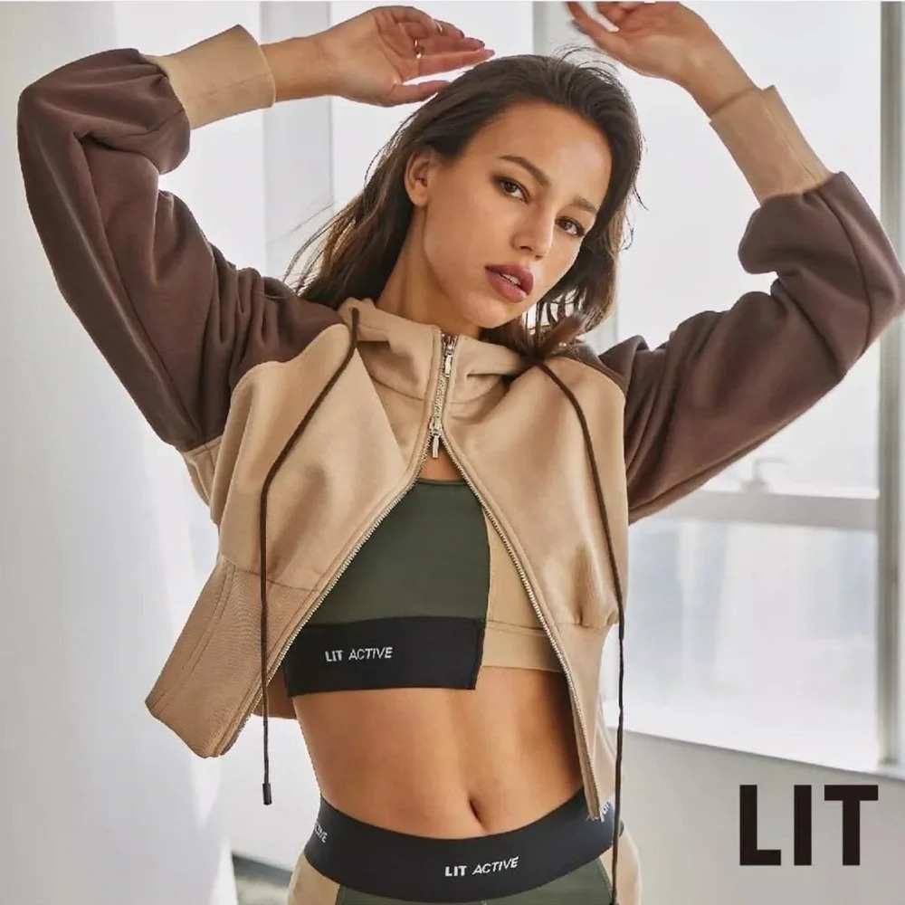 LIT Activewear Rebounce Corset Jacket Hoodie Full Zip in Brown Tan Size S
